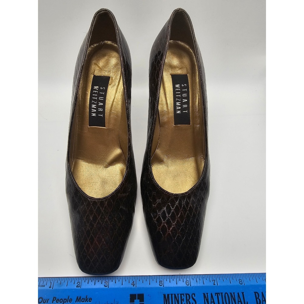 Stuart Weitzman Brown Snakeskin Embossed Leather Square Toe Pumps 7 C S2482273